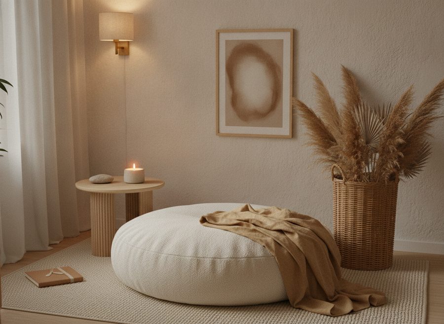 A soft cream floor cushion beside a low wooden table with a lit candle, warm quiet light