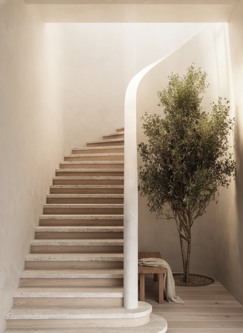 A curved limewash plaster staircase descending past a small olive tree into a soft, light-filled landing